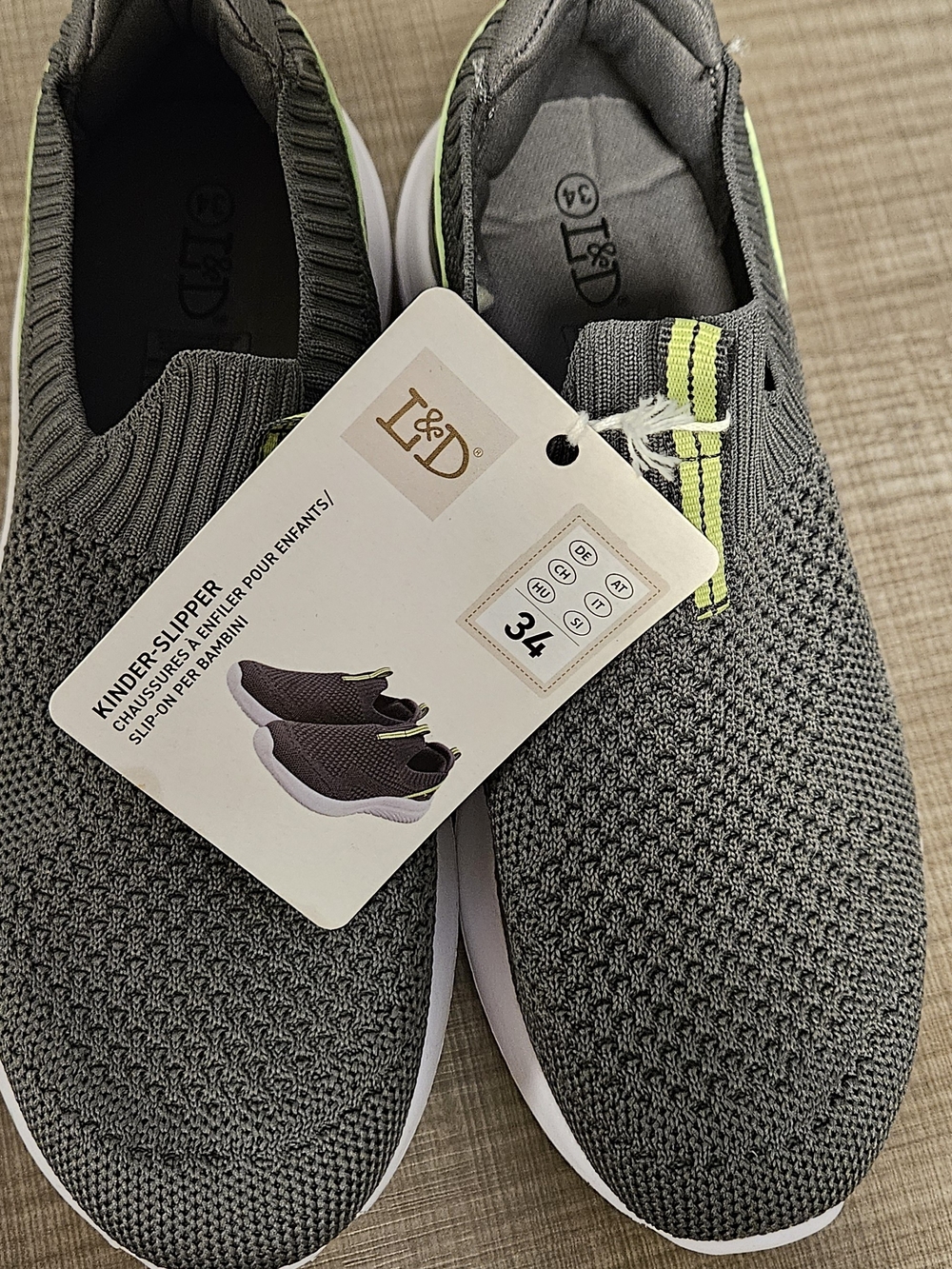 Big Kids  Grey Knit Slip-On Sneakers with Lime Trim